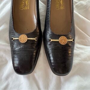 Vintage Ferragamo Black Loafers with Gold Coin Accent